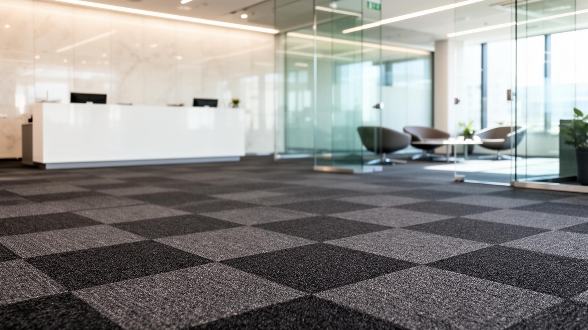 Hard-wearing dark grey commercial carpet tiles in a modern office reception